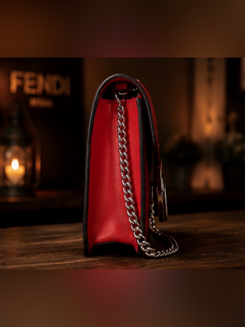 Fendi Kan I F Logo Chain Wallet Crossbody Bag ❤️ Red Leather New Without Tags ❤️ - Picture 3 of 8